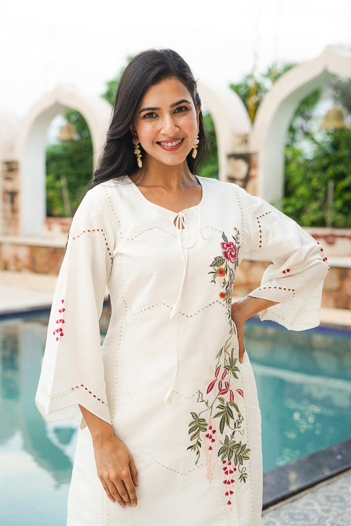 White Silk Blend Solid Embroidered Coord Sets VCORD1132