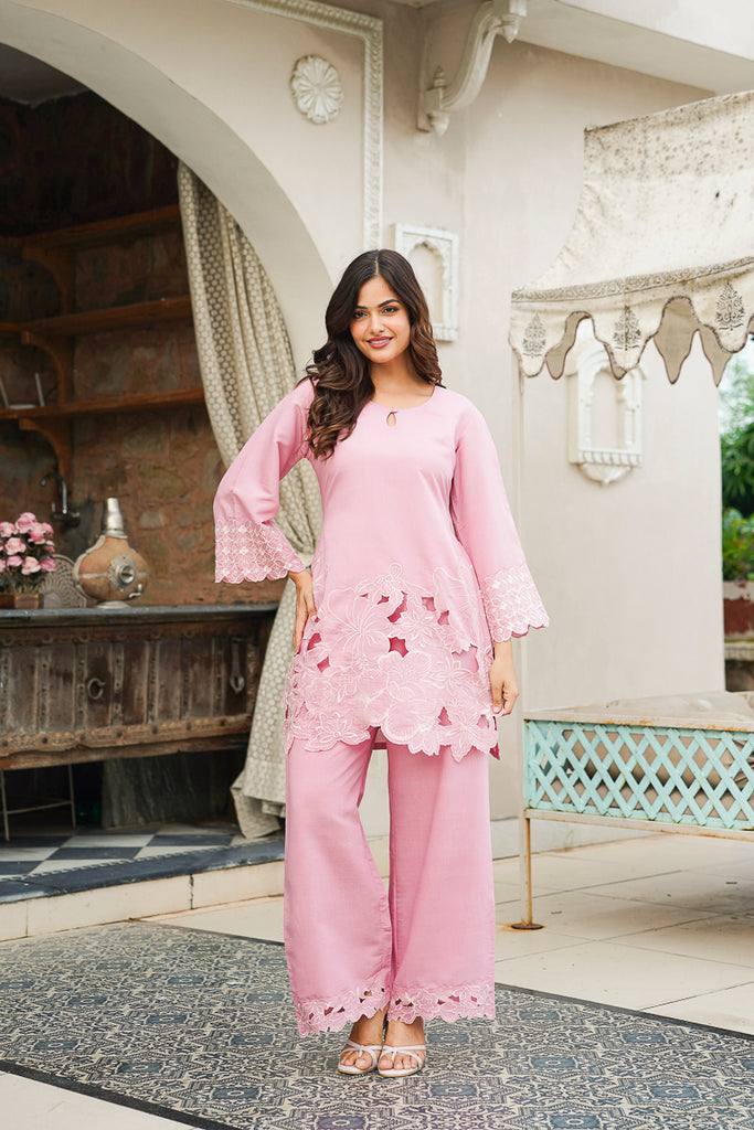 Pink Silk Blend Solid Embroidered Cut Work Coord Sets VCORD1133