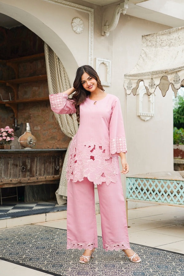Pink Silk Blend Solid Embroidered Cut Work Coord Sets VCORD1133