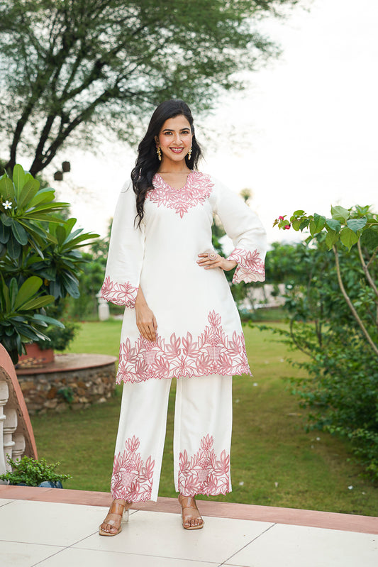 White Silk Blend Solid Embroidered Coord Sets VCORD1135