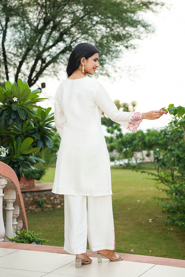 White Silk Blend Solid Embroidered Coord Sets VCORD1135