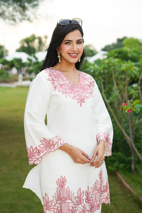 White Silk Blend Solid Embroidered Coord Sets VCORD1135