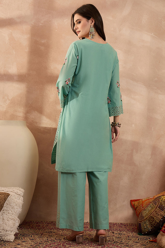 Blue Pure Cotton Embroidered Straight Coord Sets VCORD1136