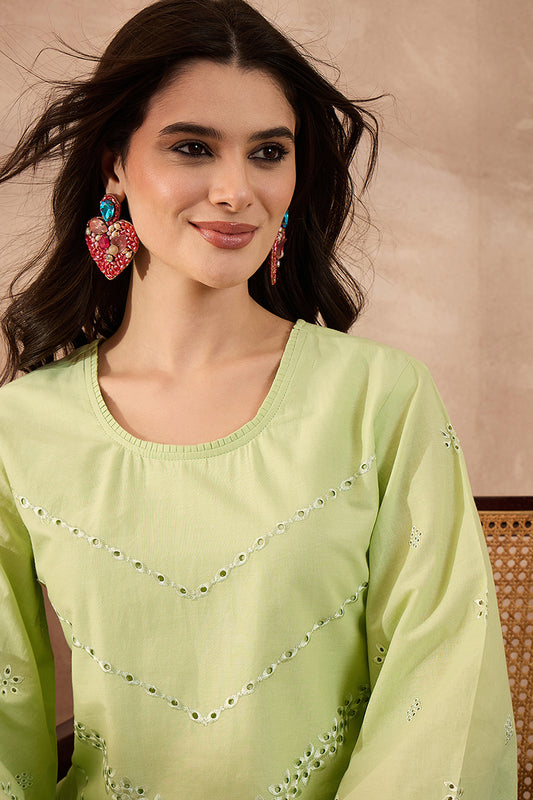Green Pure Cotton Embroidered Scalloped Coord Sets VCORD1137