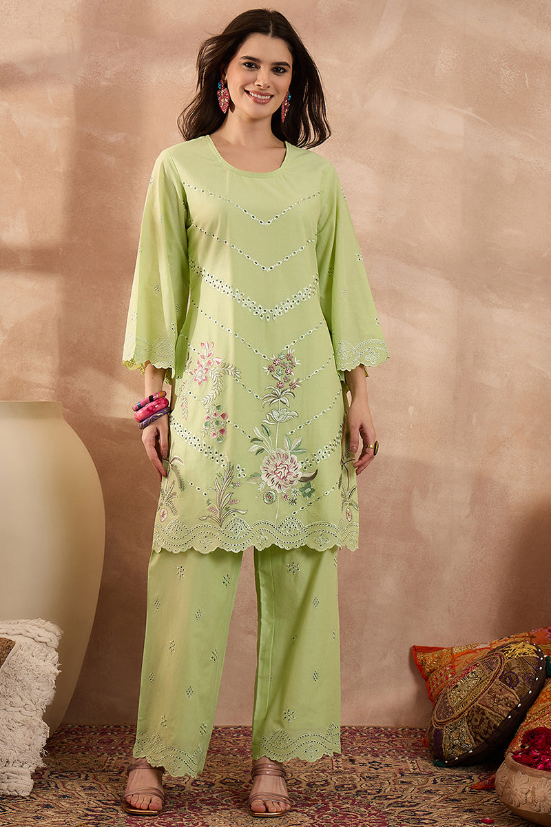 Green Pure Cotton Embroidered Scalloped Coord Sets VCORD1137