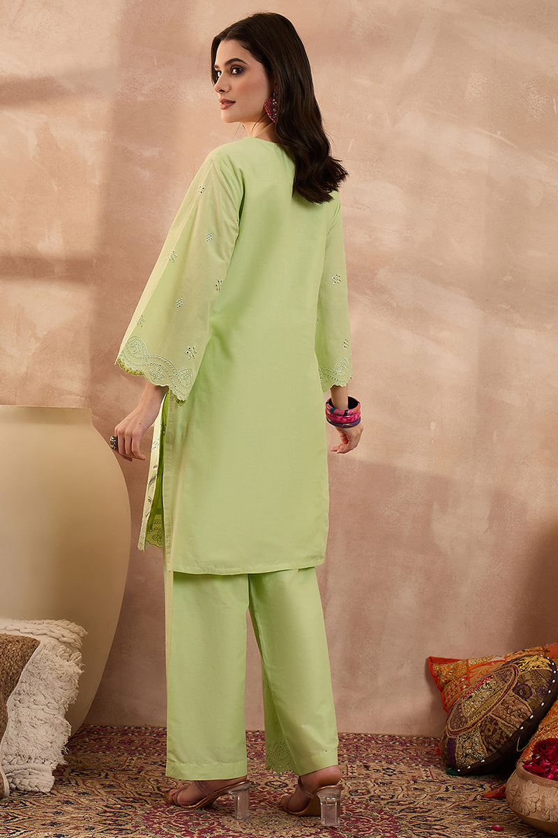 Green Pure Cotton Embroidered Scalloped Coord Sets VCORD1137