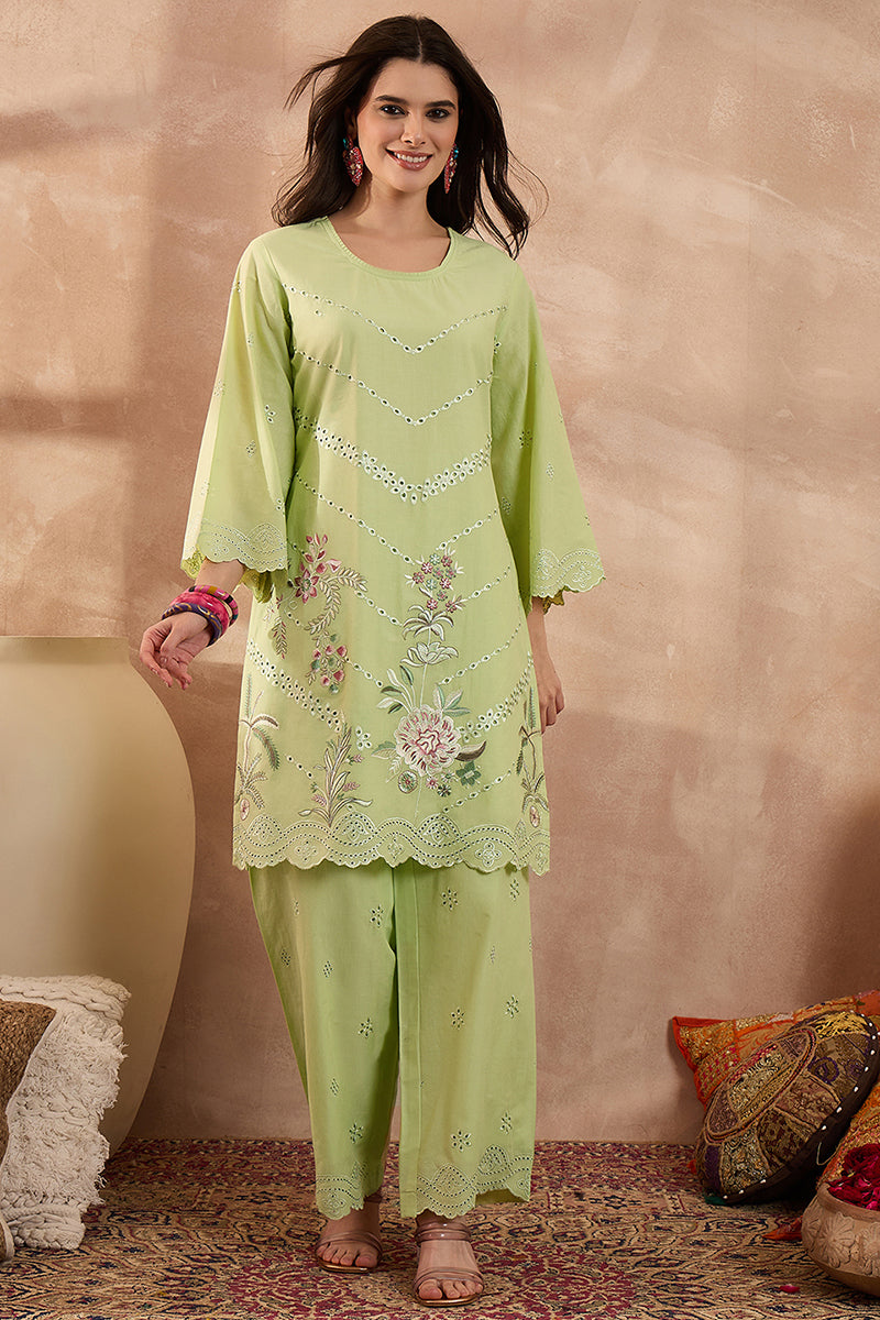 Green Pure Cotton Embroidered Scalloped Coord Sets VCORD1137