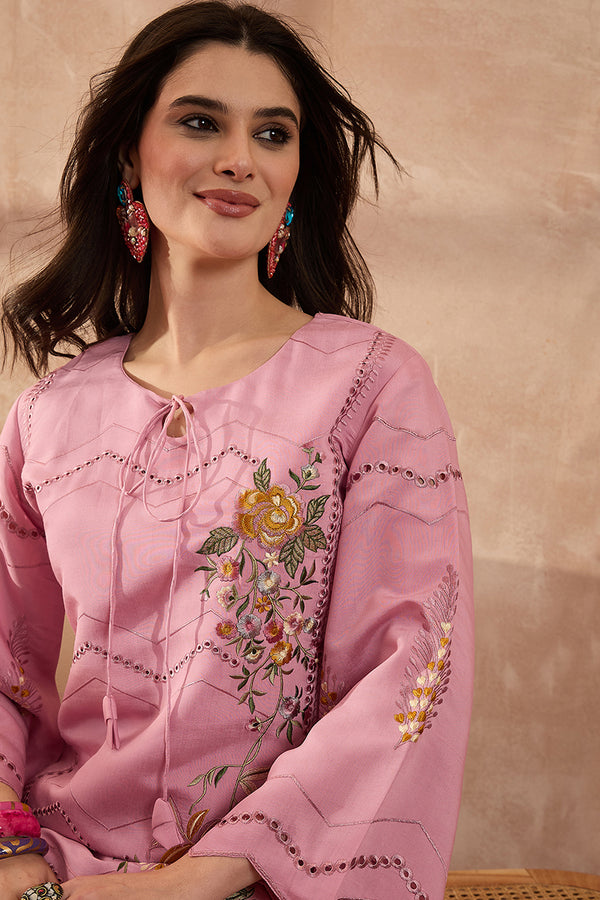 Pink Silk Blend Embroidered Straight Coord Sets VCORD1139