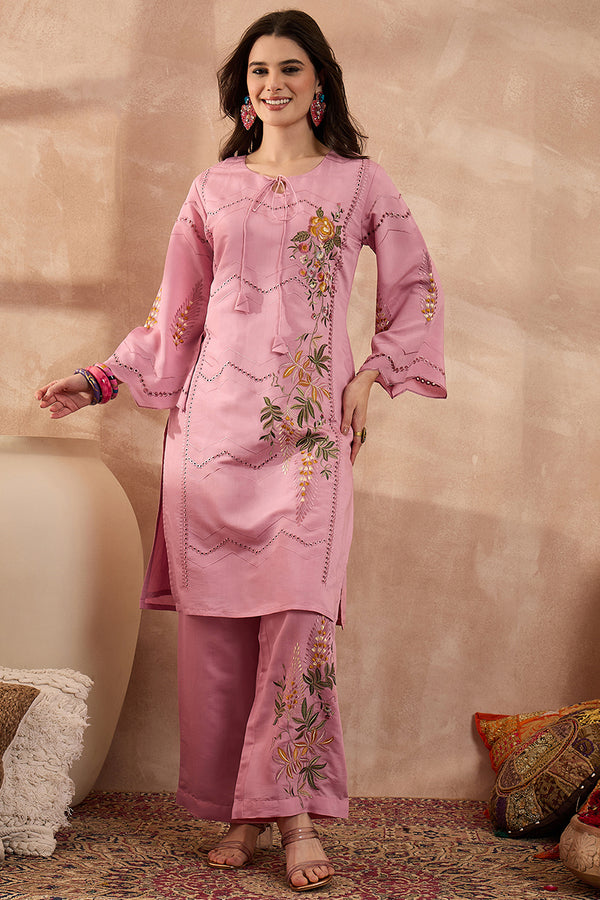 Pink Silk Blend Embroidered Straight Coord Sets VCORD1139