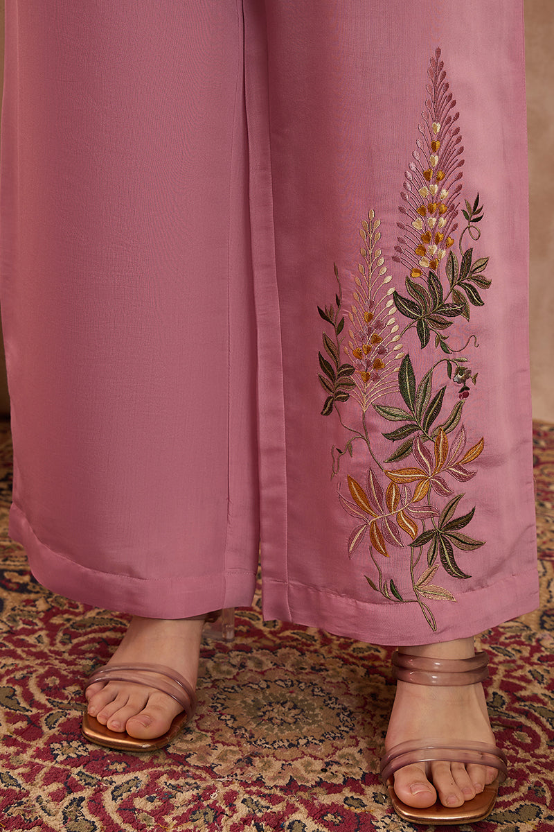 Pink Silk Blend Embroidered Straight Coord Sets VCORD1139