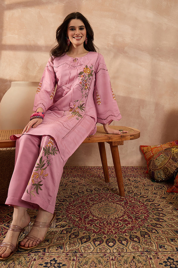 Pink Silk Blend Embroidered Straight Coord Sets VCORD1139