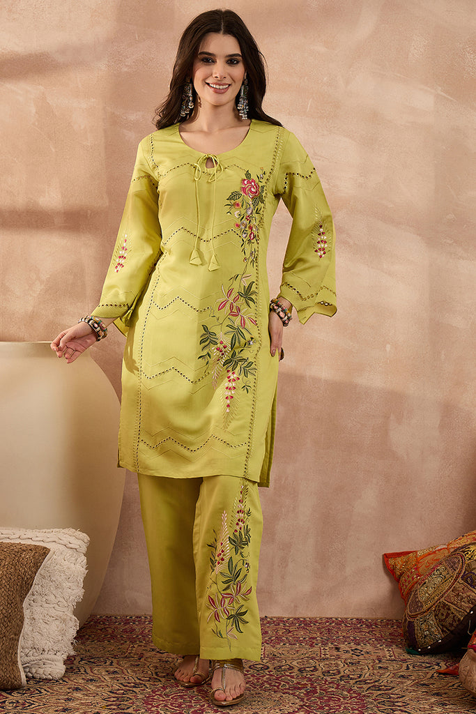 Green Silk Blend Embroidered Straight Coord Sets VCORD1140
