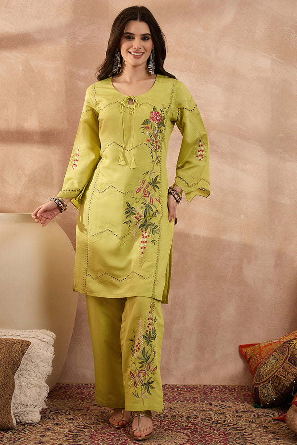 Green Silk Blend Embroidered Straight Coord Sets VCORD1140