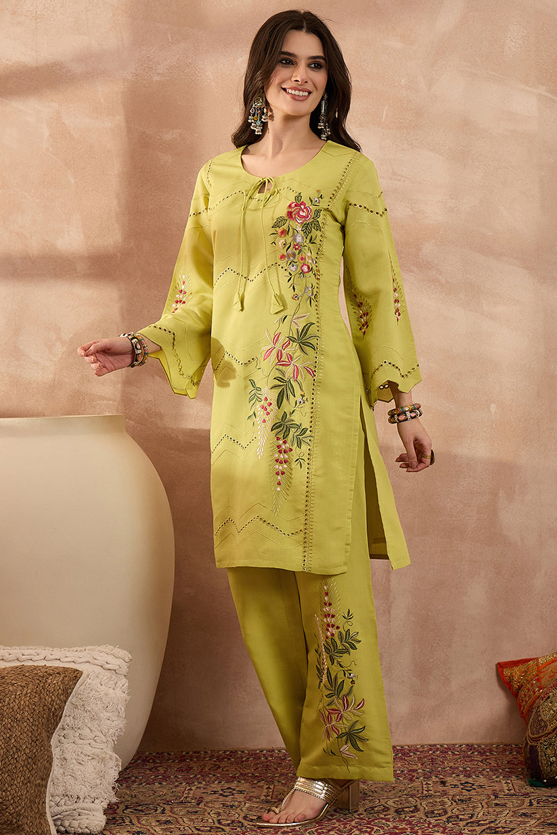 Green Silk Blend Embroidered Straight Coord Sets VCORD1140