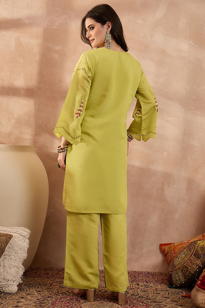 Green Silk Blend Embroidered Straight Coord Sets VCORD1140