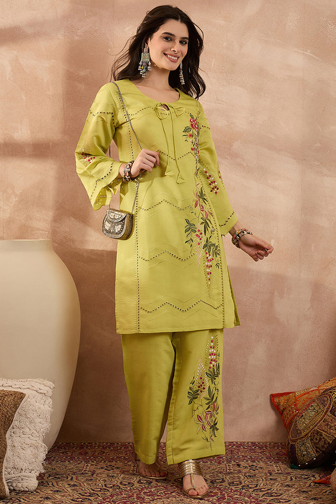 Green Silk Blend Embroidered Straight Coord Sets VCORD1140