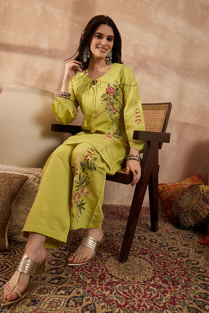 Green Silk Blend Embroidered Straight Coord Sets VCORD1140