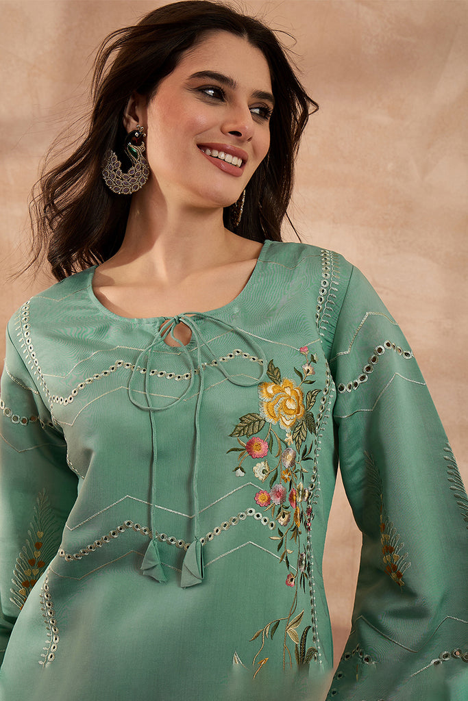 Blue Silk Blend Embroidered Straight Coord Sets VCORD1141