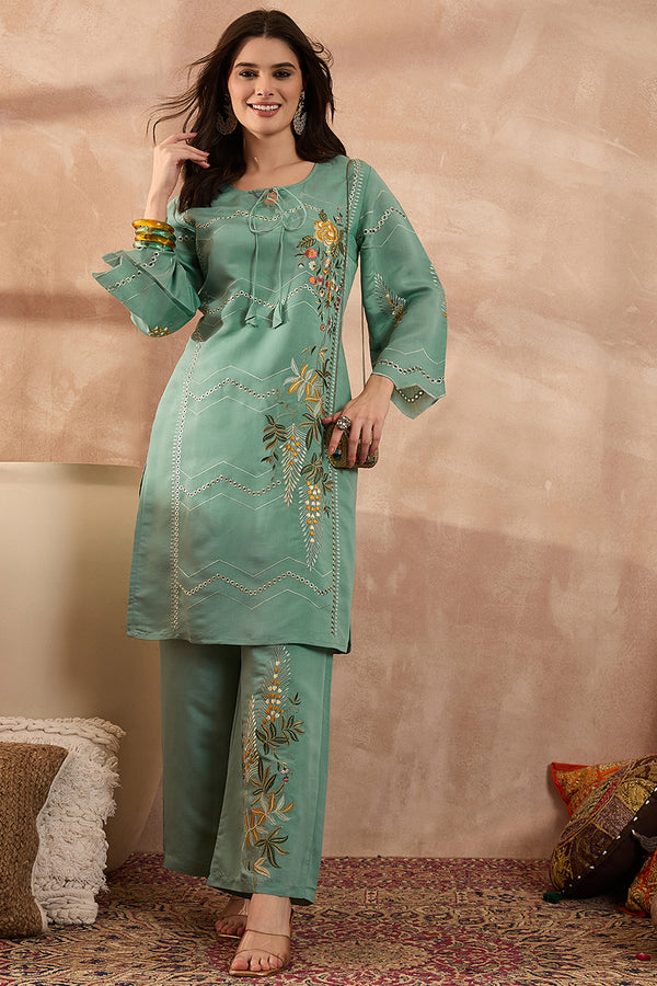 Blue Silk Blend Embroidered Straight Coord Sets VCORD1141