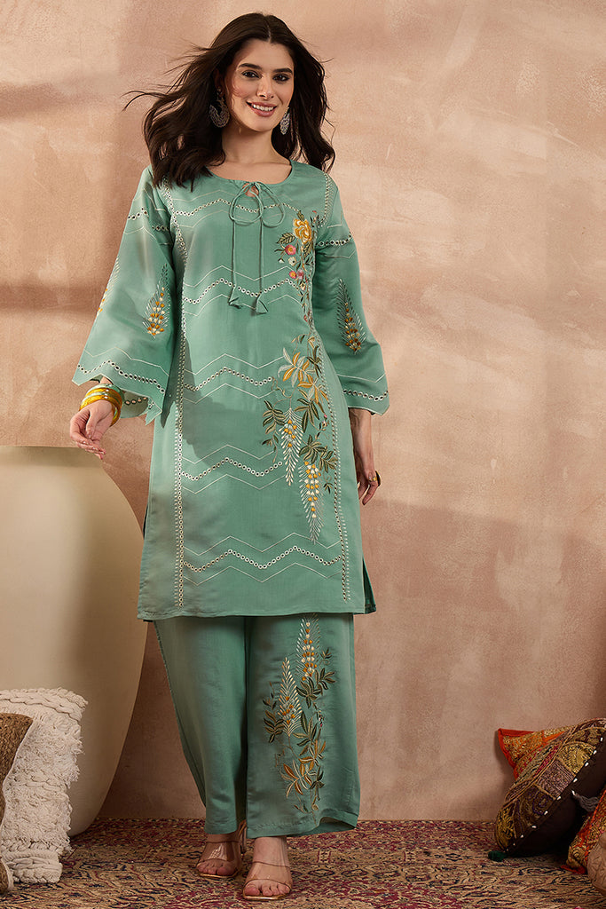 Blue Silk Blend Embroidered Straight Coord Sets VCORD1141