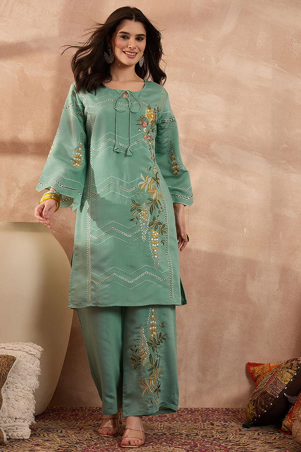 Blue Silk Blend Embroidered Straight Coord Sets VCORD1141