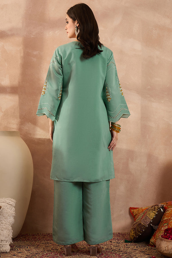 Blue Silk Blend Embroidered Straight Coord Sets VCORD1141