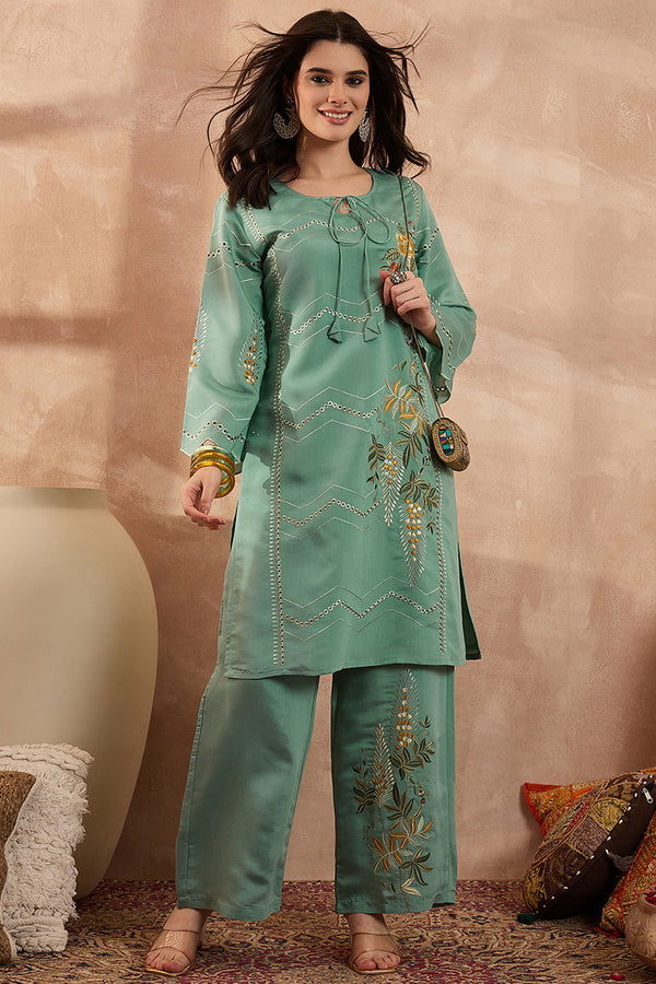 Blue Silk Blend Embroidered Straight Coord Sets VCORD1141