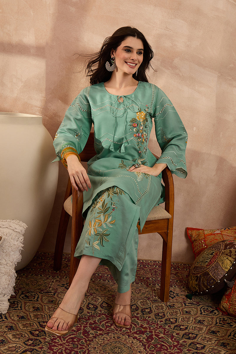 Blue Silk Blend Embroidered Straight Coord Sets VCORD1141