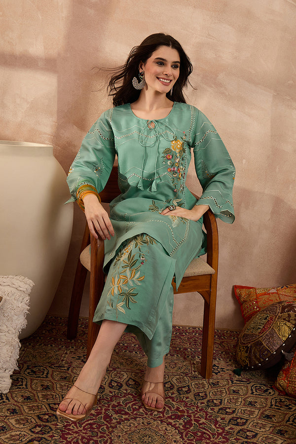 Blue Silk Blend Embroidered Straight Coord Sets VCORD1141