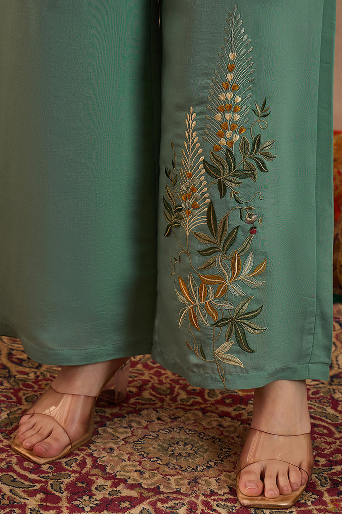 Blue Silk Blend Embroidered Straight Coord Sets VCORD1141