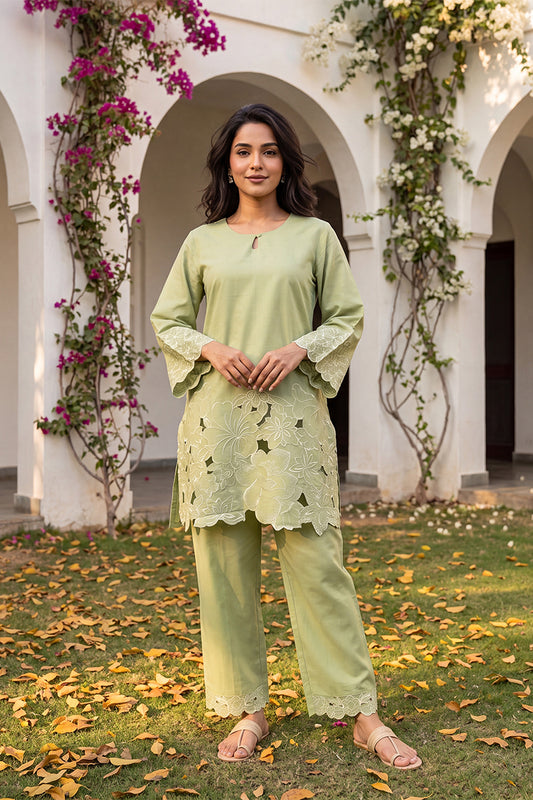 Green Embellished Silk Blend Round Neck Co-Ords VCORD1143