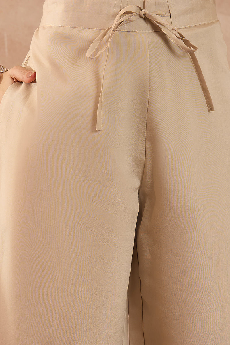 Beige Silk Blend Embroidered Straight Coord Sets VCORD1144