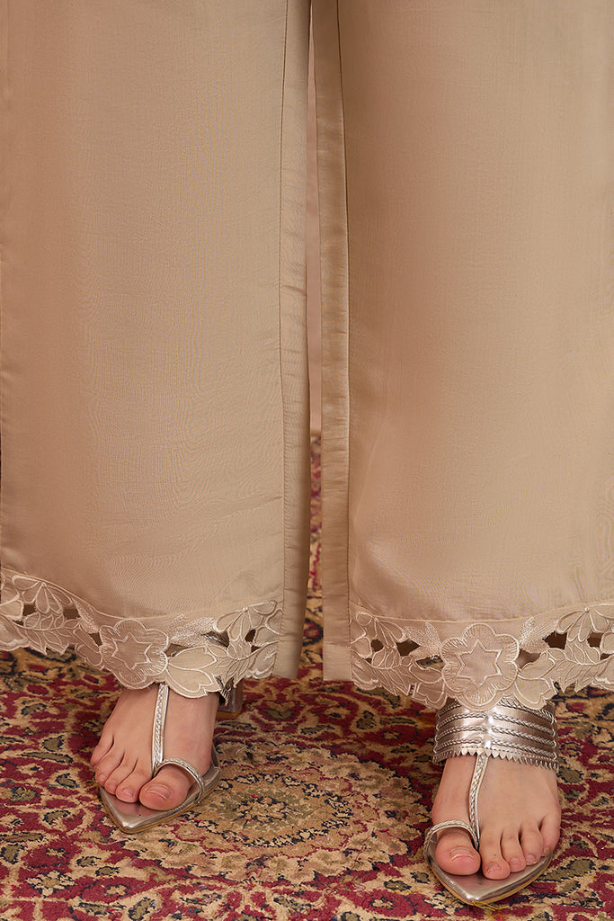 Beige Silk Blend Embroidered Straight Coord Sets VCORD1144