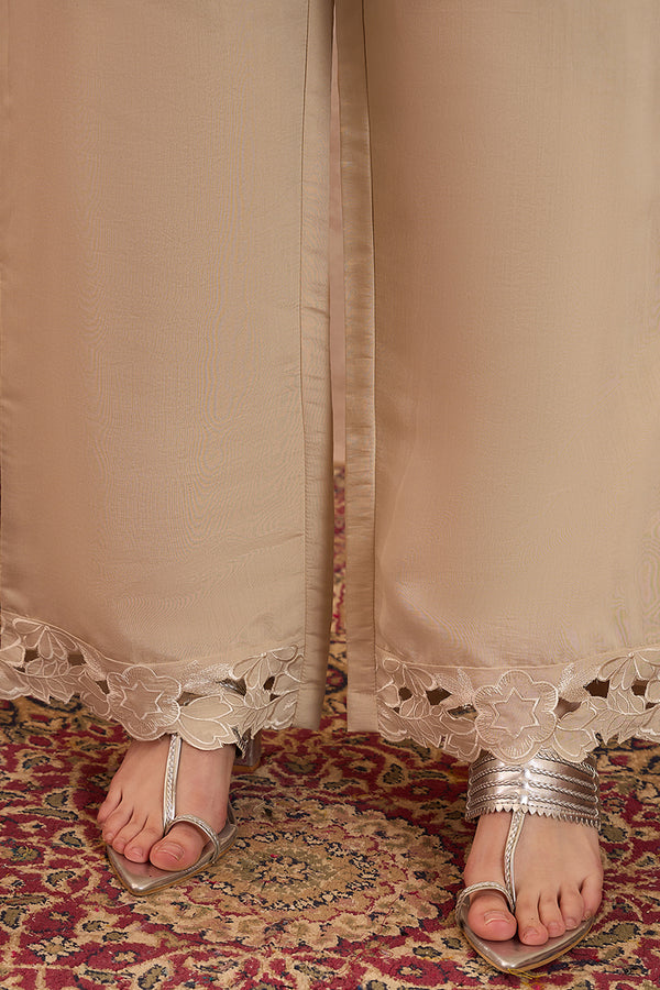 Beige Silk Blend Embroidered Straight Coord Sets VCORD1144