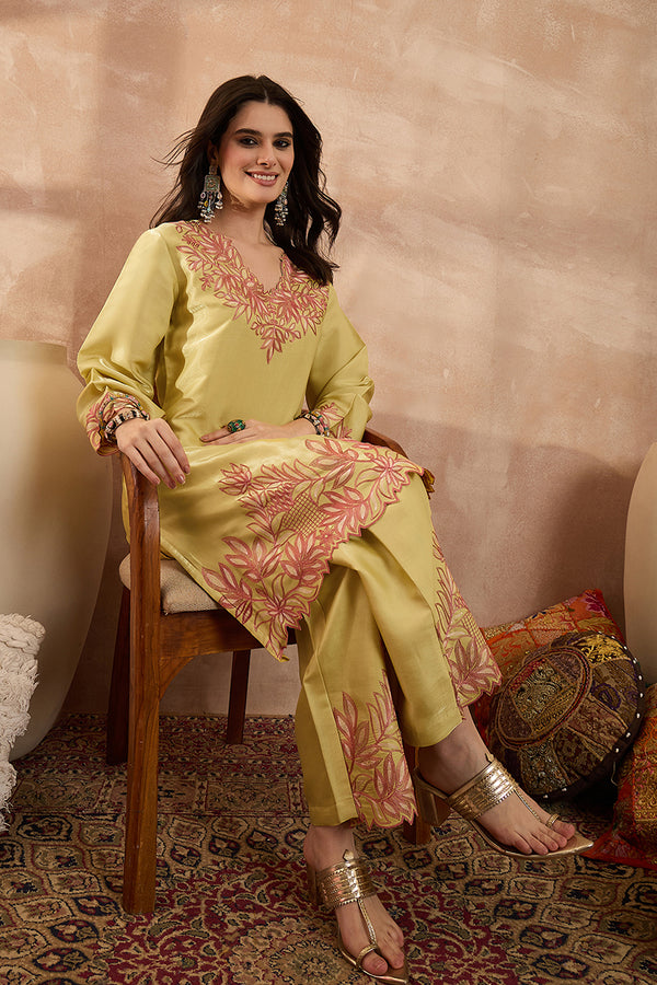 Yellow Silk Blend Embroidered Scalloped Coord Sets VCORD1145