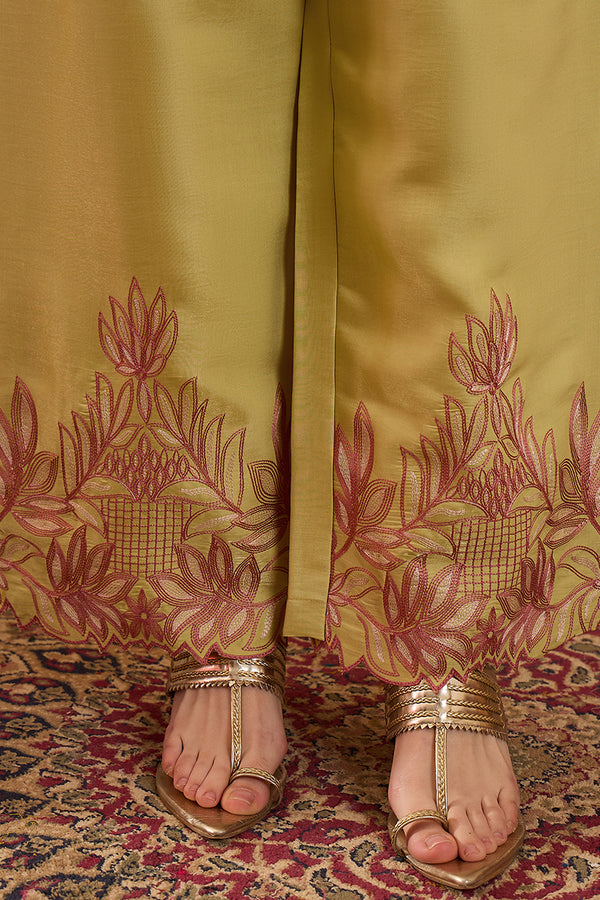 Yellow Silk Blend Embroidered Scalloped Coord Sets VCORD1145