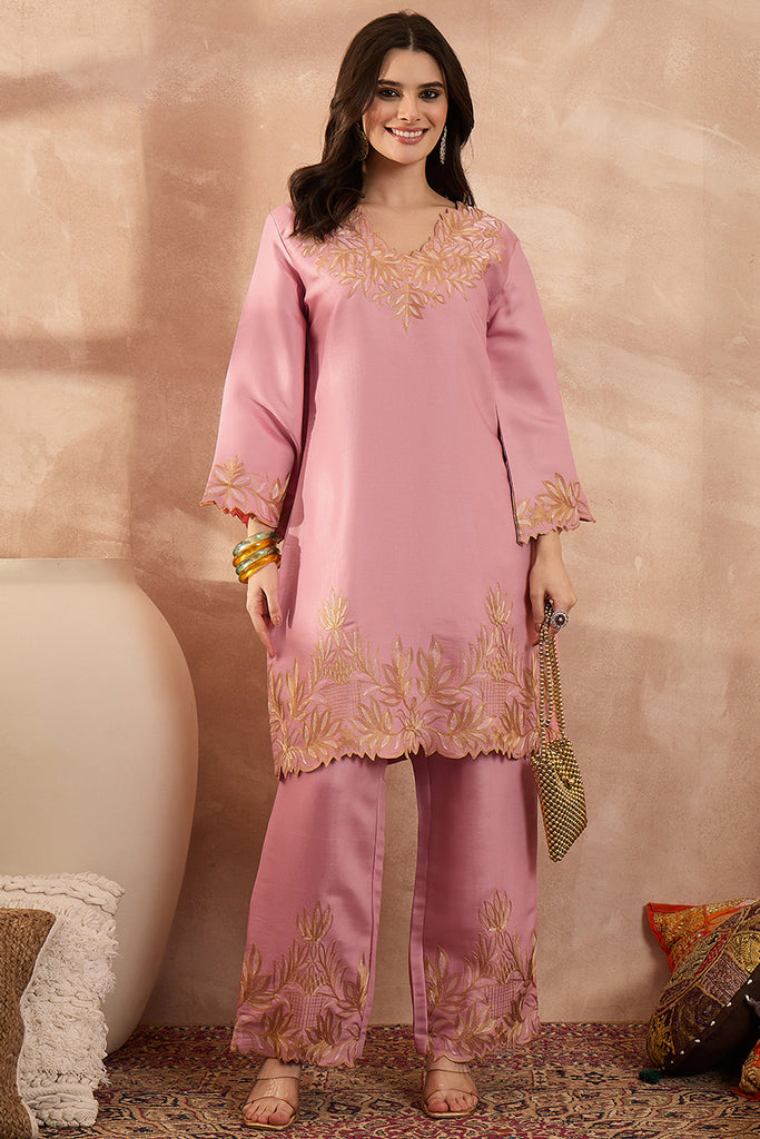 Pink Silk Blend Embroidered Scalloped Coord Sets VCORD1146