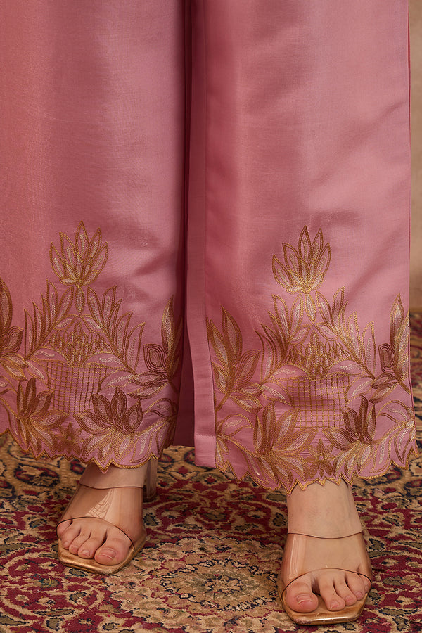 Pink Silk Blend Embroidered Scalloped Coord Sets VCORD1146