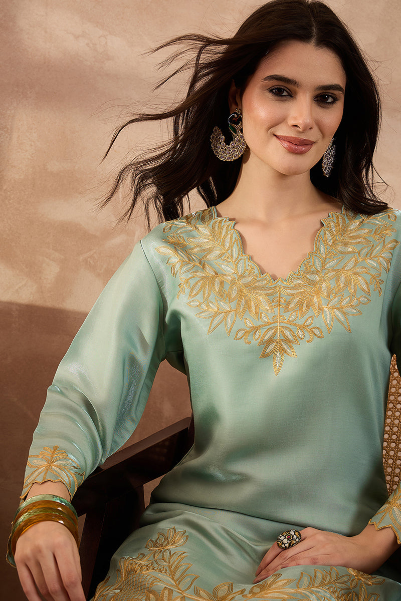 Blue Silk Blend Embroidered Scalloped Coord Sets VCORD1147