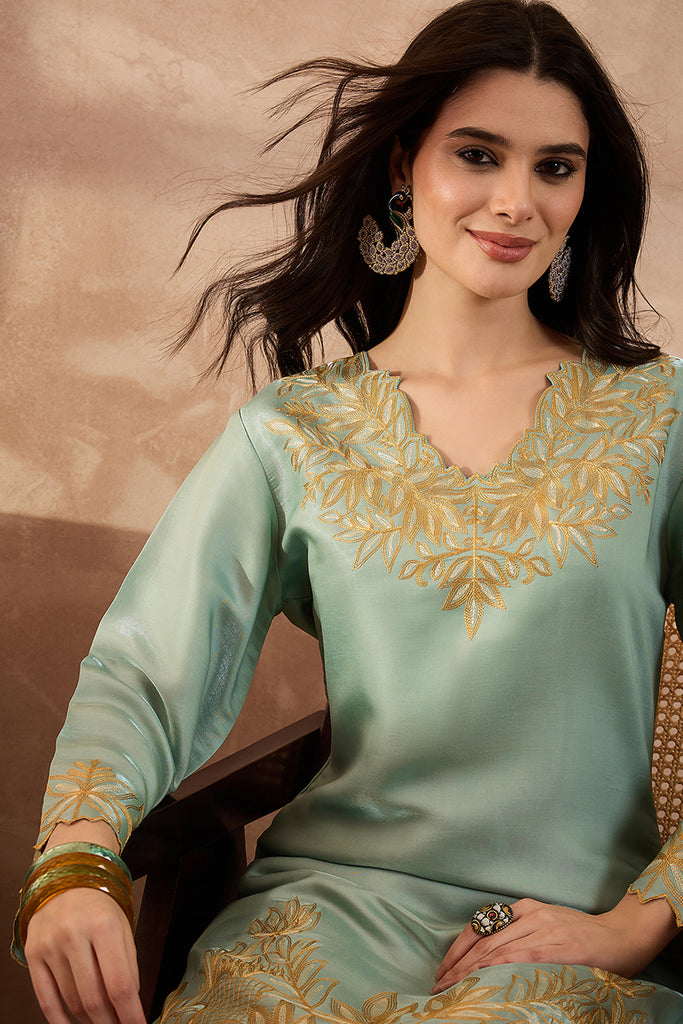 Blue Silk Blend Embroidered Scalloped Coord Sets VCORD1147