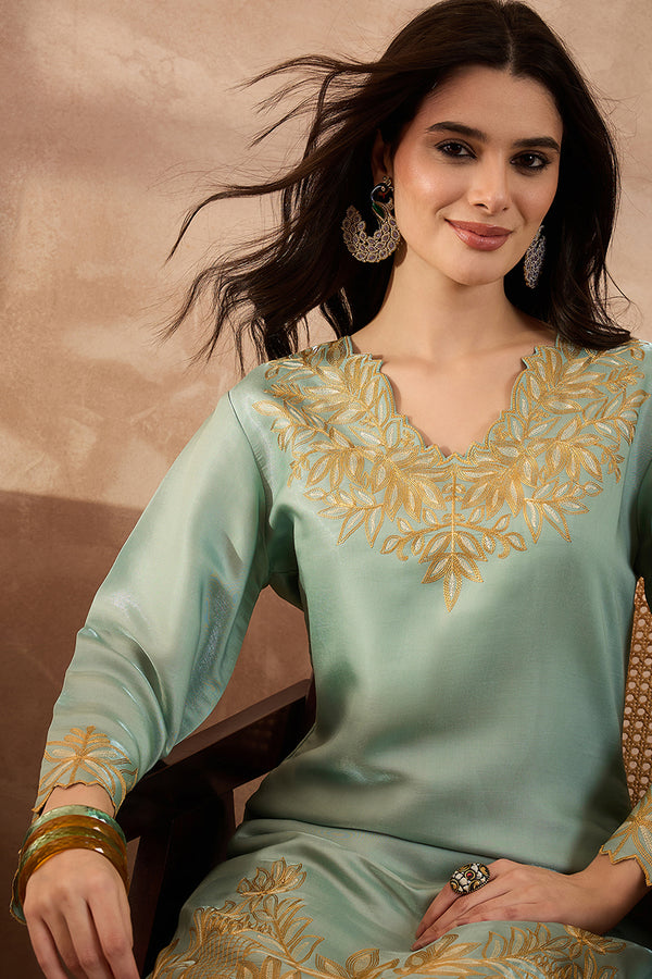 Blue Silk Blend Embroidered Scalloped Coord Sets VCORD1147