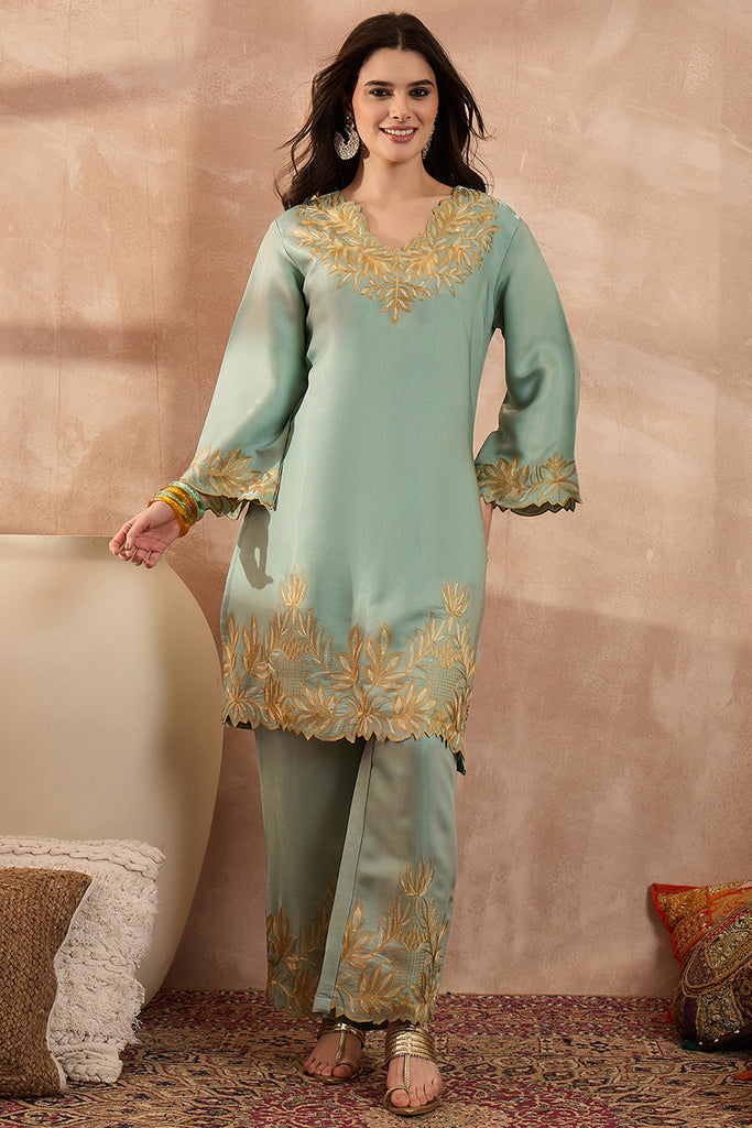 Blue Silk Blend Embroidered Scalloped Coord Sets VCORD1147