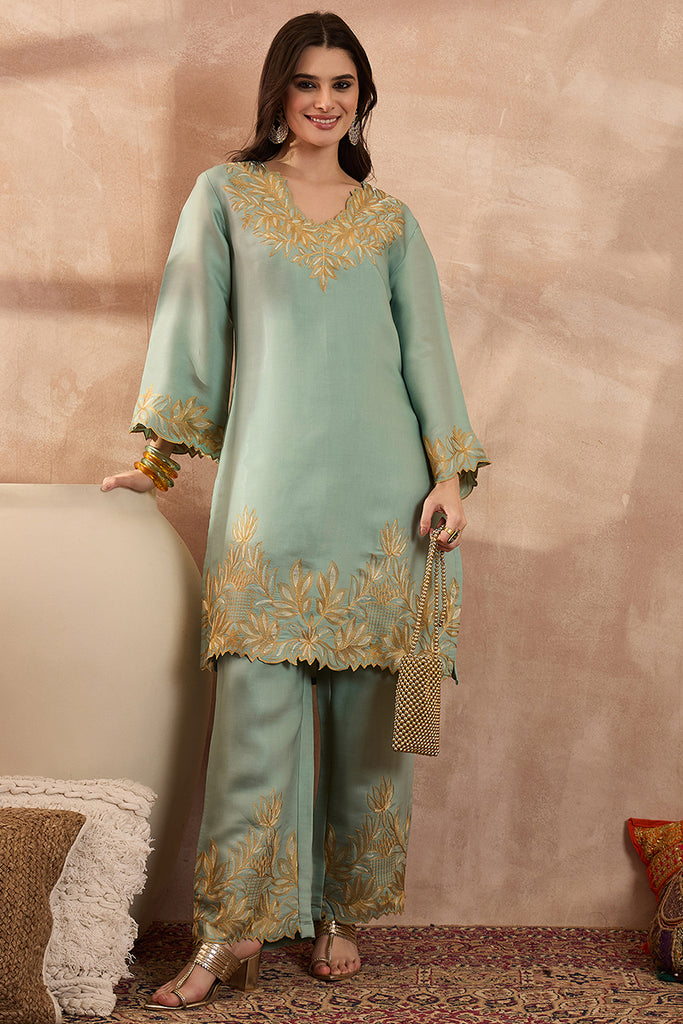 Blue Silk Blend Embroidered Scalloped Coord Sets VCORD1147