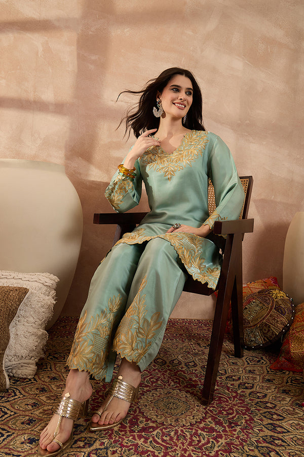 Blue Silk Blend Embroidered Scalloped Coord Sets VCORD1147