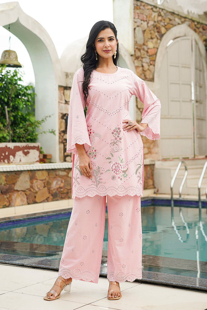 Pink Pure Cotton Solid Embroidered Coord Sets VCORD1163