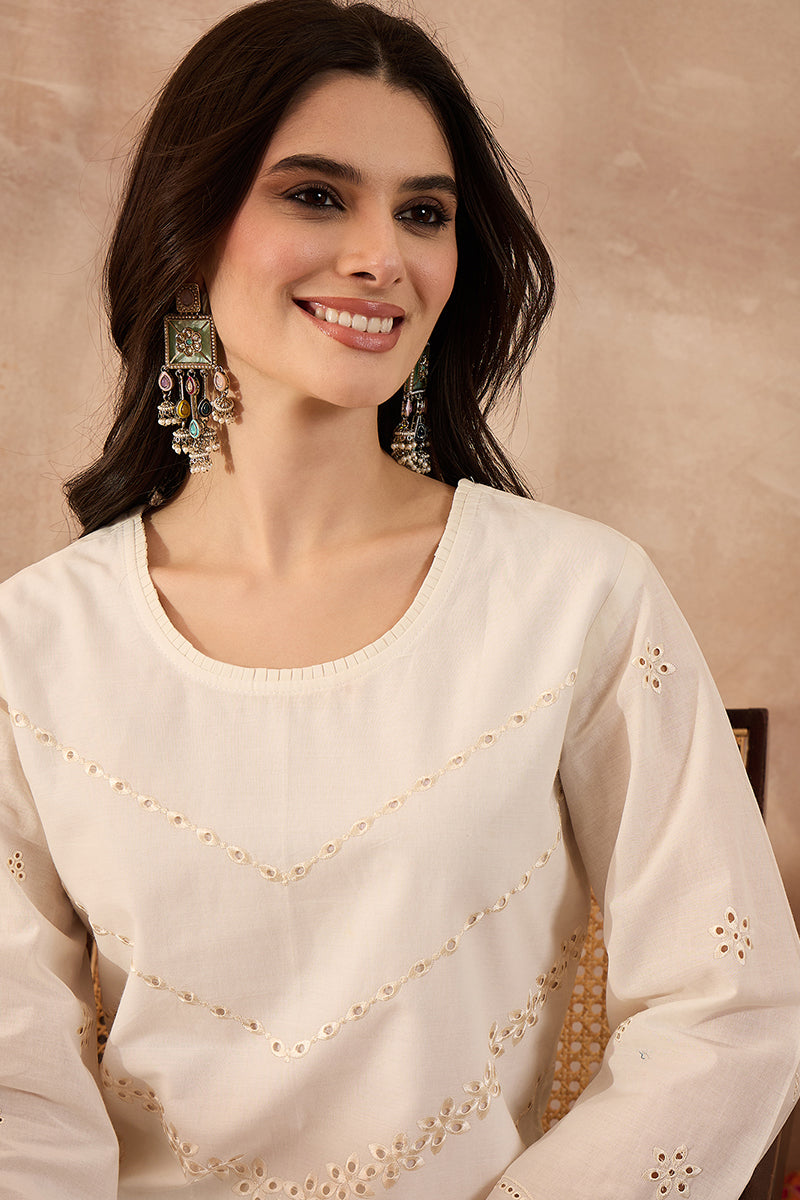 Off White Pure Cotton Embroidered Scalloped Coord Sets VCORD1164
