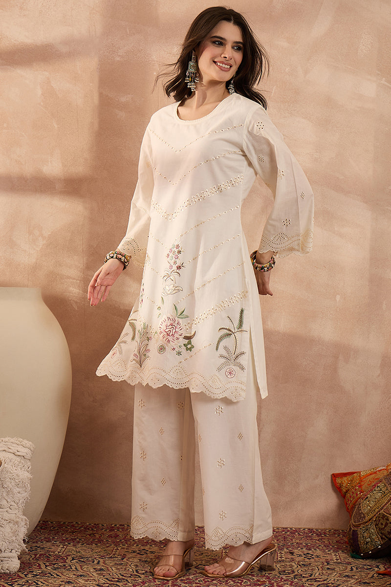 Off White Pure Cotton Embroidered Scalloped Coord Sets VCORD1164