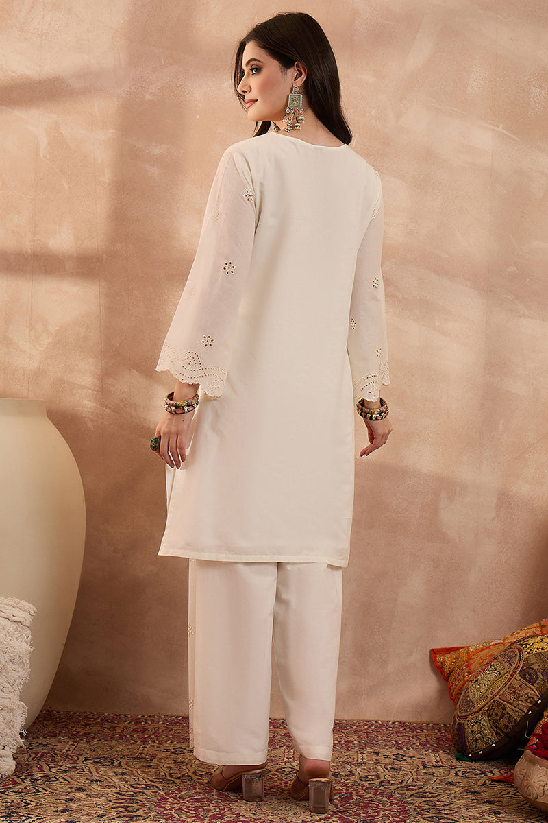 Off White Pure Cotton Embroidered Scalloped Coord Sets VCORD1164