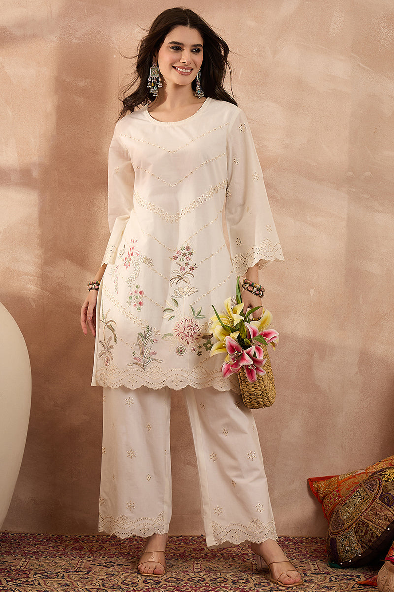 Off White Pure Cotton Embroidered Scalloped Coord Sets VCORD1164