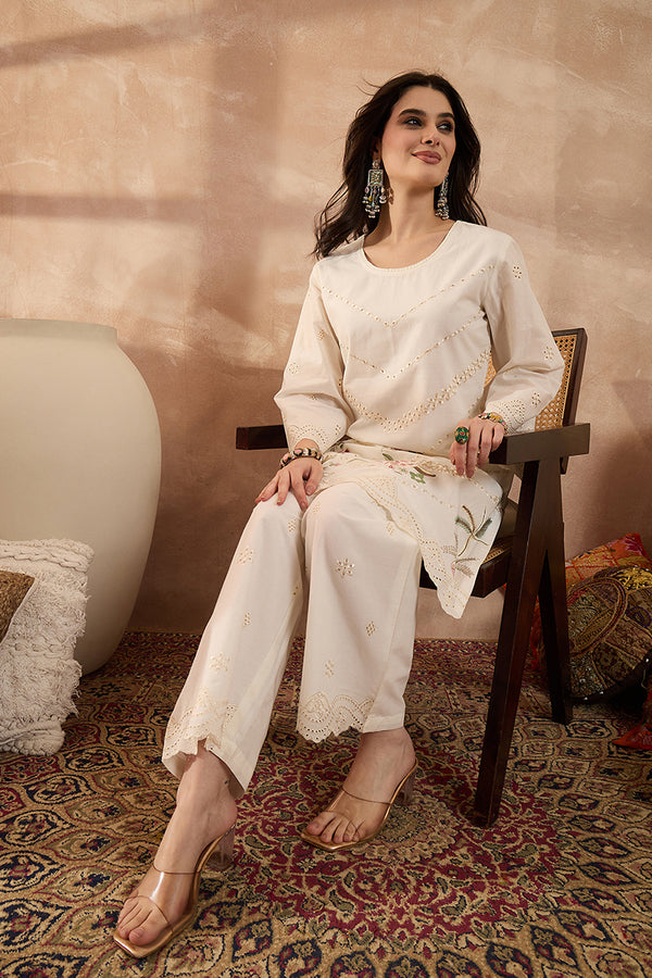 Off White Pure Cotton Embroidered Scalloped Coord Sets VCORD1164